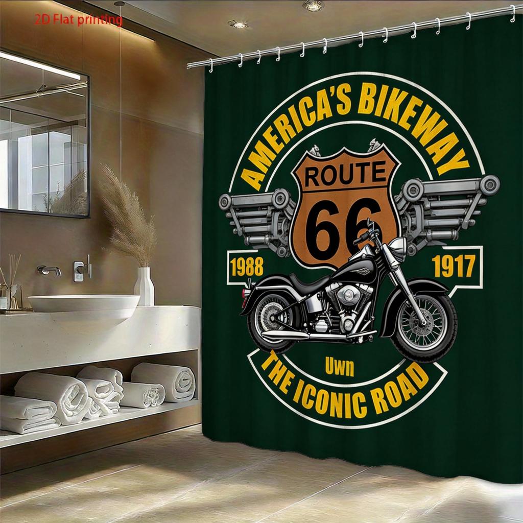 Route 66 Motorcycle Shower Curtain Retro American Highway Design With Chrome Bike And Wings Shower Curtain With Hook