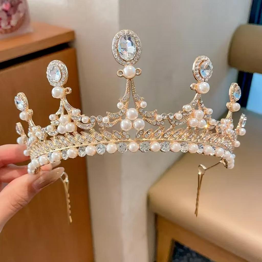 Children's Crown Headwear Princess Girls Crystal Pearl Crown Birthday Performance Flower Girl Wedding Girls Hair Accessories Daquan