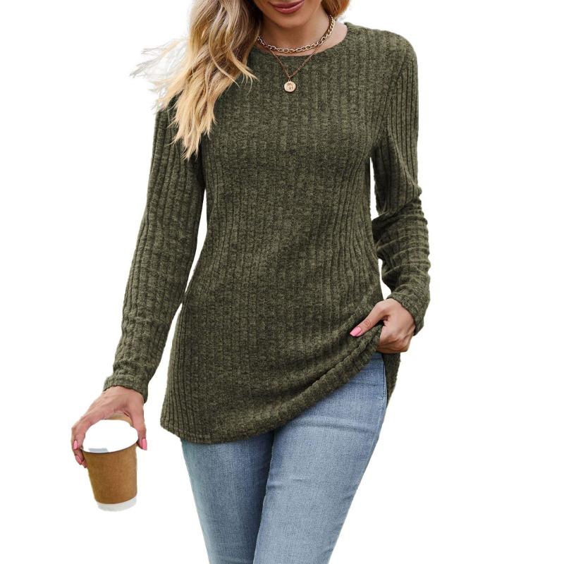 Modne damskie bluzki i koszule na co dzień w jednolitym kolorze z długim rękawem i dekoltem w kształcie litery O