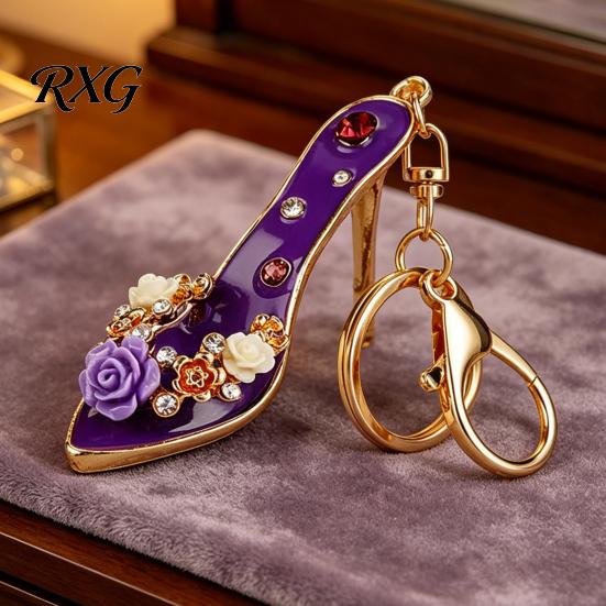 Car Key Holder Rhinestone Rose High Heel Keychain, Sparkling High-Heeled Shoes Ring, Purse Charm Bag Backpack Hanging Decor Charm, Gift for Women