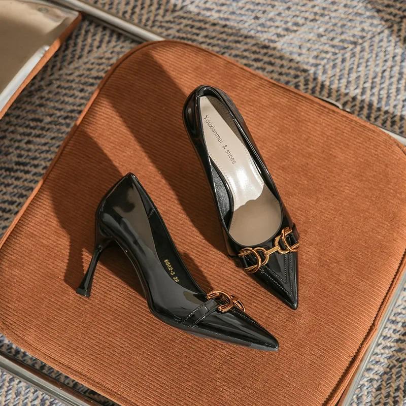 Fashion Fashion Metal Buckle High 6.5cm/8.5cm Stiletto Heels Pumps Women Shoes Pointed Toe Office Work Party Shoes Ladies Wedding Shoes