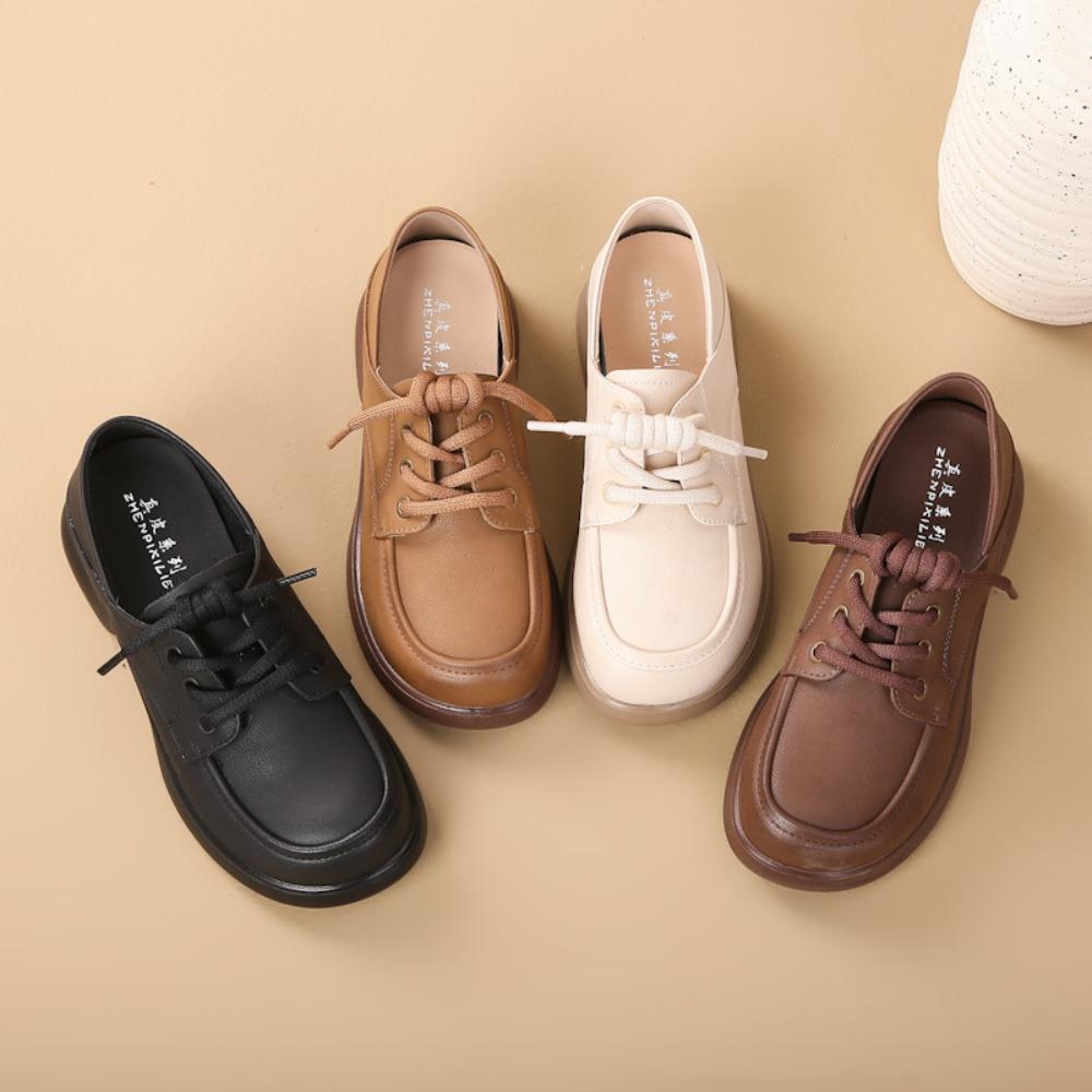 Loafers Women's Spring and Autumn New Soft-soled Middle-aged Mother Pumps Flat-soled Lace-up Work Casual Leather Shoes Women