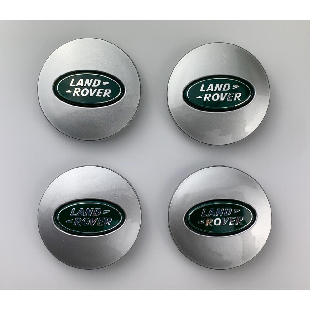 (Matt Silver and Green Land Rover Caps) Sets of 4 Land Rover Alloy Wheel Caps 63mm S