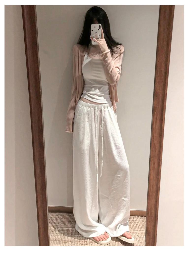 Women's White Linen High-Waisted Wide-Leg Pants - Spring Style, Drapey, Sun Protection, Cotton-Blend Casuals