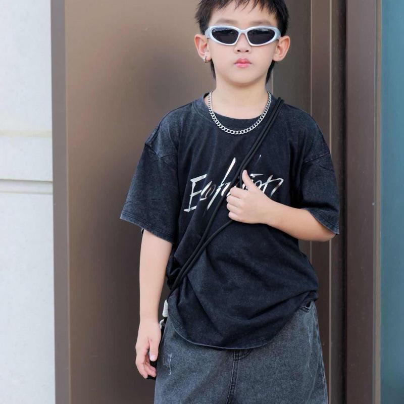 Boys Cotton Vintage T Shirt Cool Short Sleeve Top For Middle Kids Concert Ins Fashion