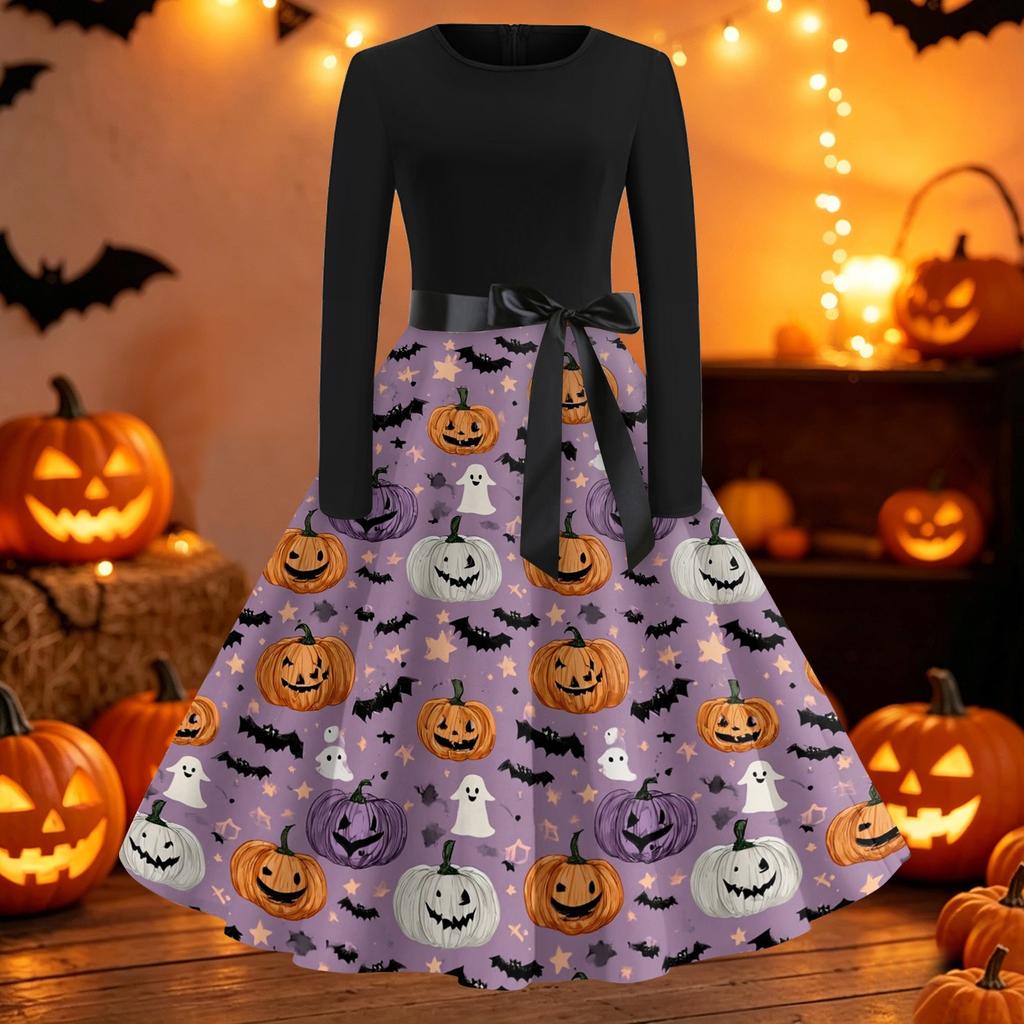 Women's Casual Long Sleeve Halloween Dress Fit and Flare Round Neck Dress with Printed Skirt and Waist Tie for Fall and Party