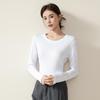 Women's Round Neck Ribbed Ice Silk Base Layer T-Shirt for Autumn/Winter - Slim Fit, Solid Color, Ideal for Yoga & Dance