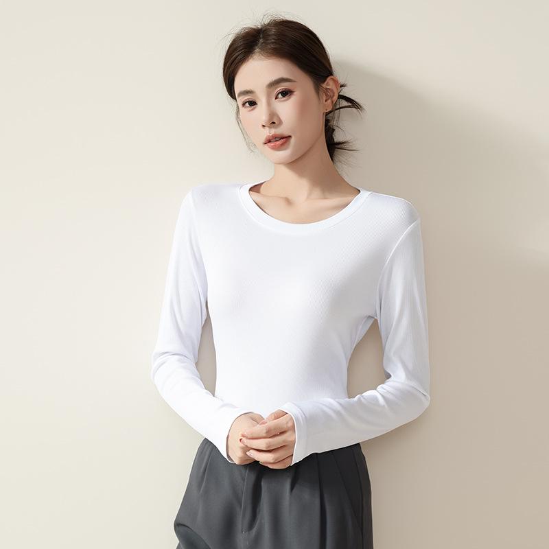 Women's Round Neck Ribbed Ice Silk Base Layer T-Shirt for Autumn/Winter - Slim Fit, Solid Color, Ideal for Yoga & Dance