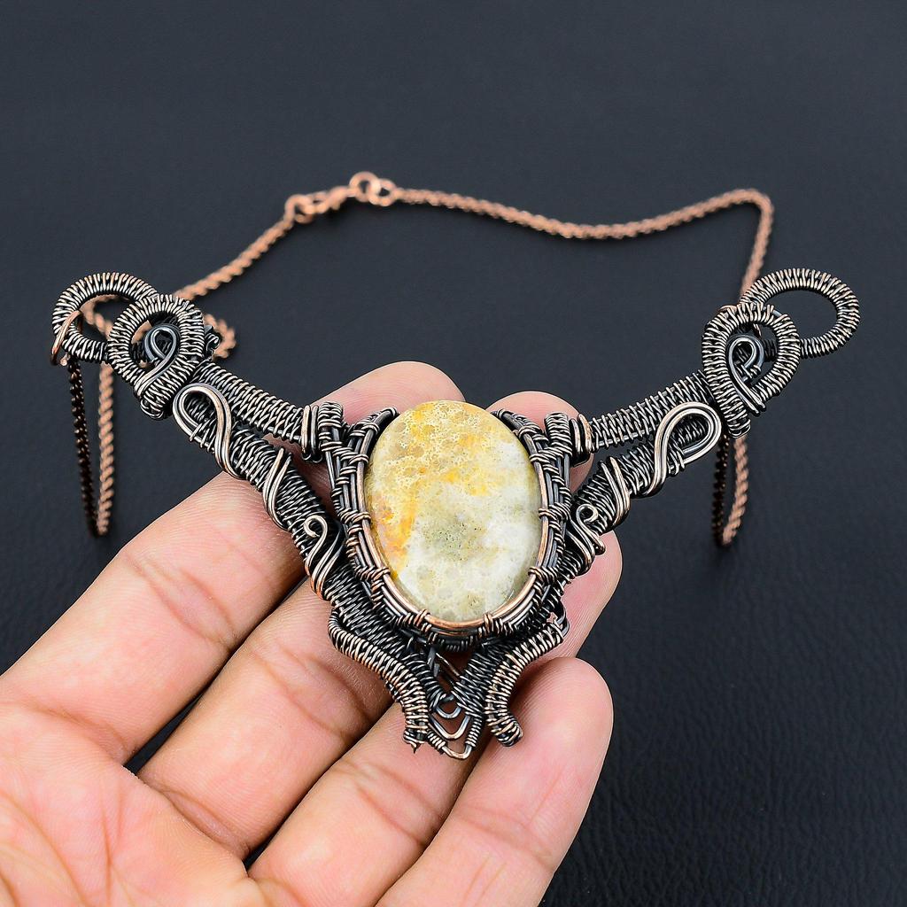 Fossil Coral Gemstone Pure Copper Wire Wrapped Handmade Necklace Jewelry For Gift
