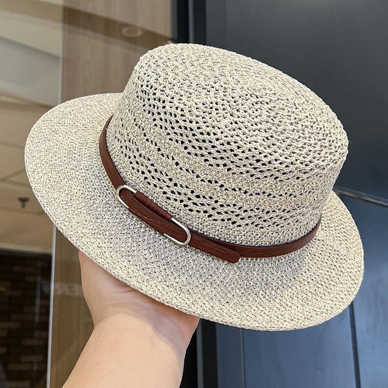 Belt Buckle Flat Top Straw Hat Retro Women'S Summer Uv Protection Sun Hat Hollow Breathable Vacation Sun Protection Top Hat