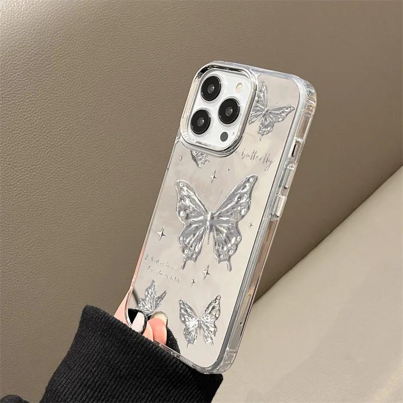 For iPhone 16 Pro 13 Case Luxury Mirror Silver Butterfly Phone Case iPhone 15 14 11 12 Pro Max 16 Plus XR X XS Shockproof Cover