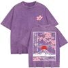 Summer Women Mount Fuji Cherry Blossoms Graphic Print Washed Cotton O Neck Oversized Short Sleeve Streetwear Loose Basic To