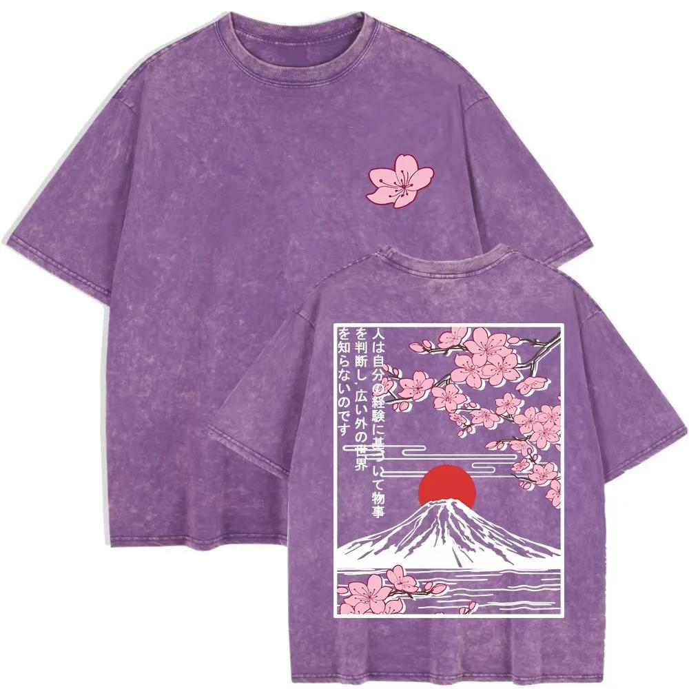 Summer Women Mount Fuji Cherry Blossoms Graphic Print Washed Cotton O Neck Oversized Short Sleeve Streetwear Loose Basic To