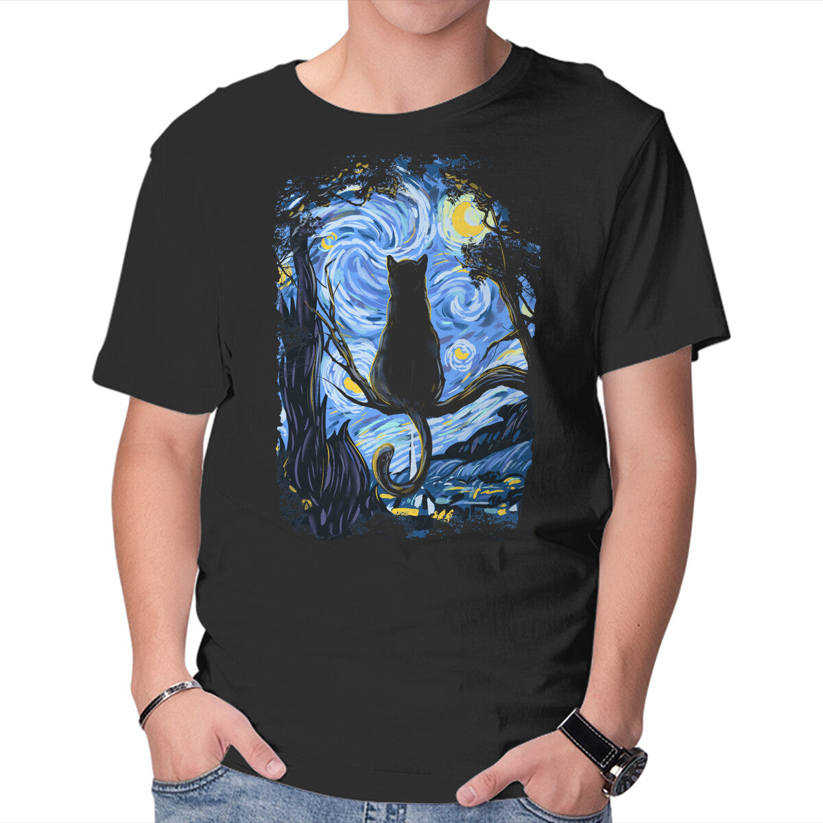 Unisex Crew Neck T-Shirt Cat Starry Night Graphic Short Sleeve Casual Tee L