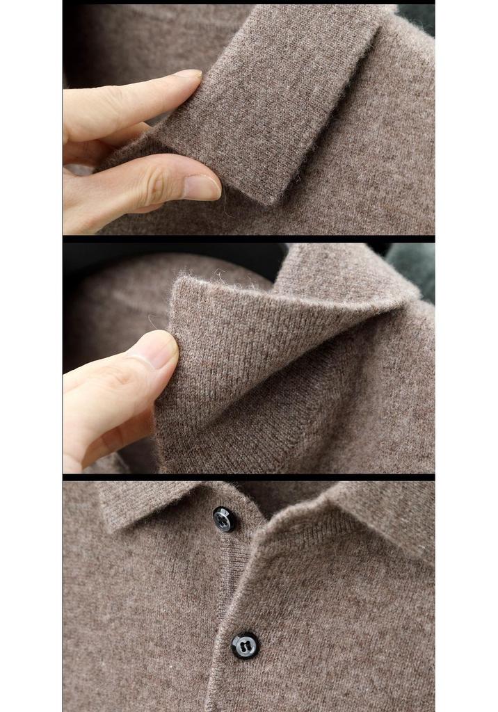 Men's 100% Pure Wool Lapel Sweater - Autumn/Winter Thickened Base Layer with Plus Velvet Warmth