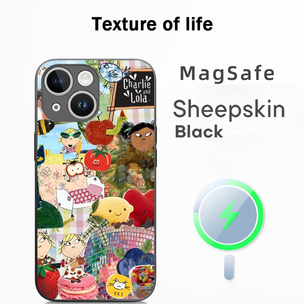 Charlie lola cartoon cute pattern desgin Phone Case For iPhone 16 15 14 13 12 11 Plus Pro Max  High-end Luxury Magsafe Sheepskin