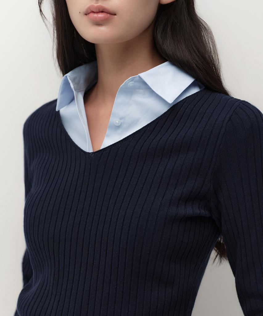 MUSINSA STANDARD WOMAN Women'S Wide Ribbed Slim V-Neck Knit [Navy]