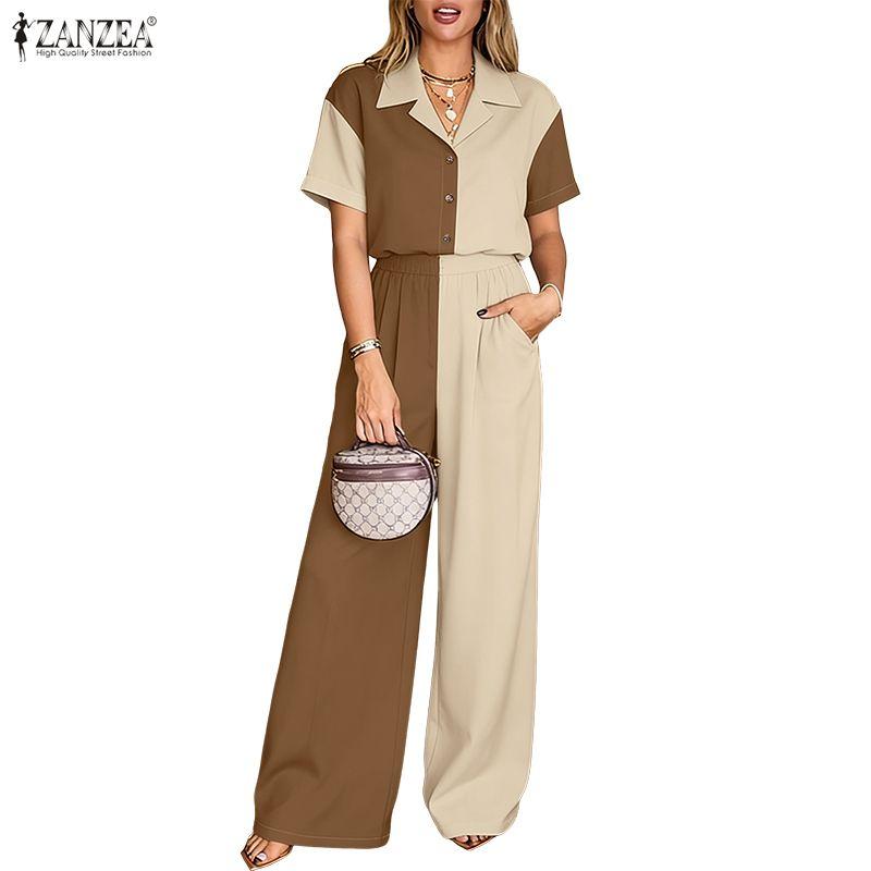 ZANZEA Damen Kurzarmbluse und Lange Hosen Lässige Zweiteilige Anzug Sets