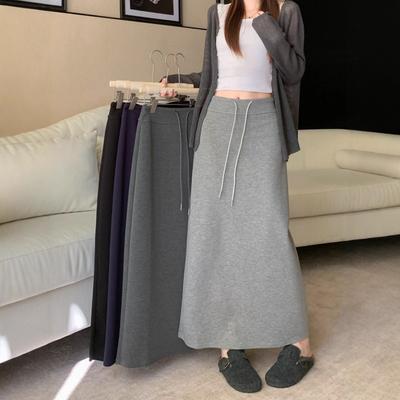 Women Korean Style High Waist Drawstring Skirt Split Hem A Line Long Hip Wrap Skirt Spring Autumn Versatile Flowy Skirt
