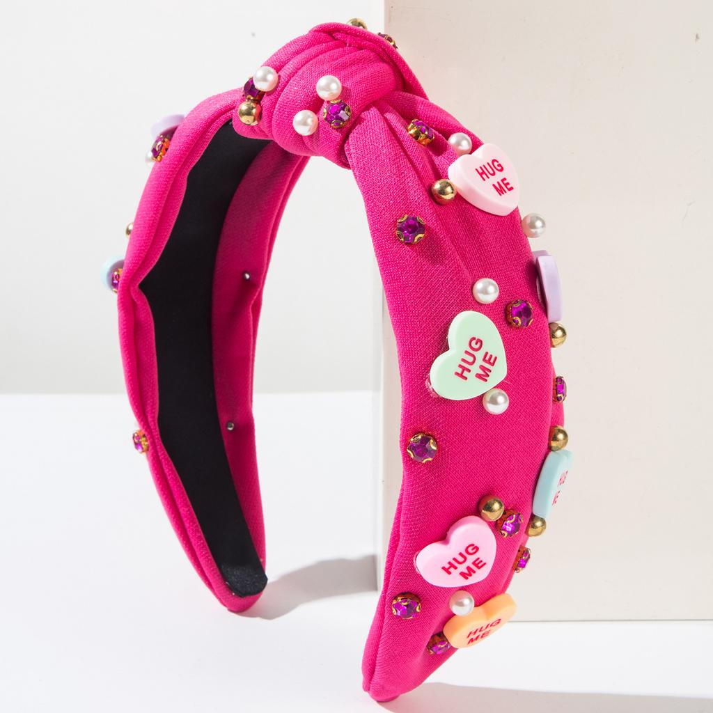 Pink Love Heart Pearl Knot Hairband Wide Headband Hair Accessories Festival Valentine's Day Shiny Headwear for Women Girls Gift