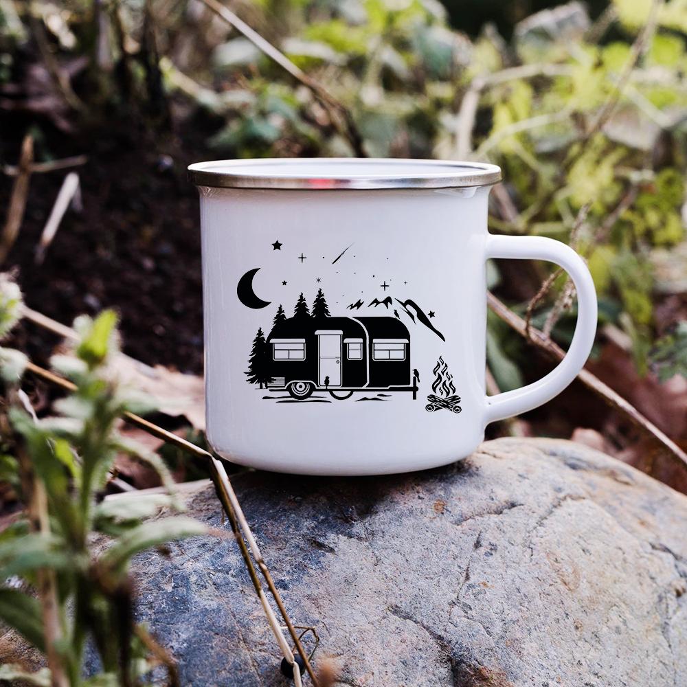 Sunset Forest Creek Creative Enamel Coffee Mugs Outdoor Travel Water Cups Camping Bonfire Party Beer Drink Milk Mug Best Gifts