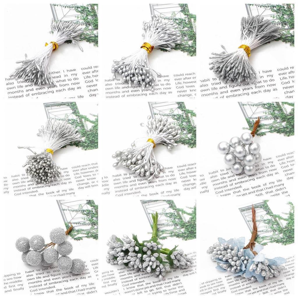 90-Piece Silver Chiffon Flower Stamens & Tinsel Berries DIY Craft Set