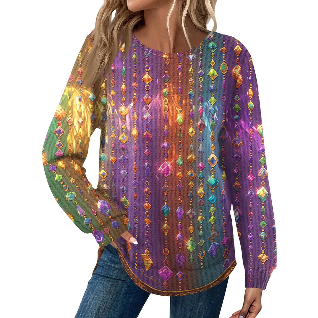 Women's Fashion Loose Long Sleeve Carnival Print Round Neck Casual Top