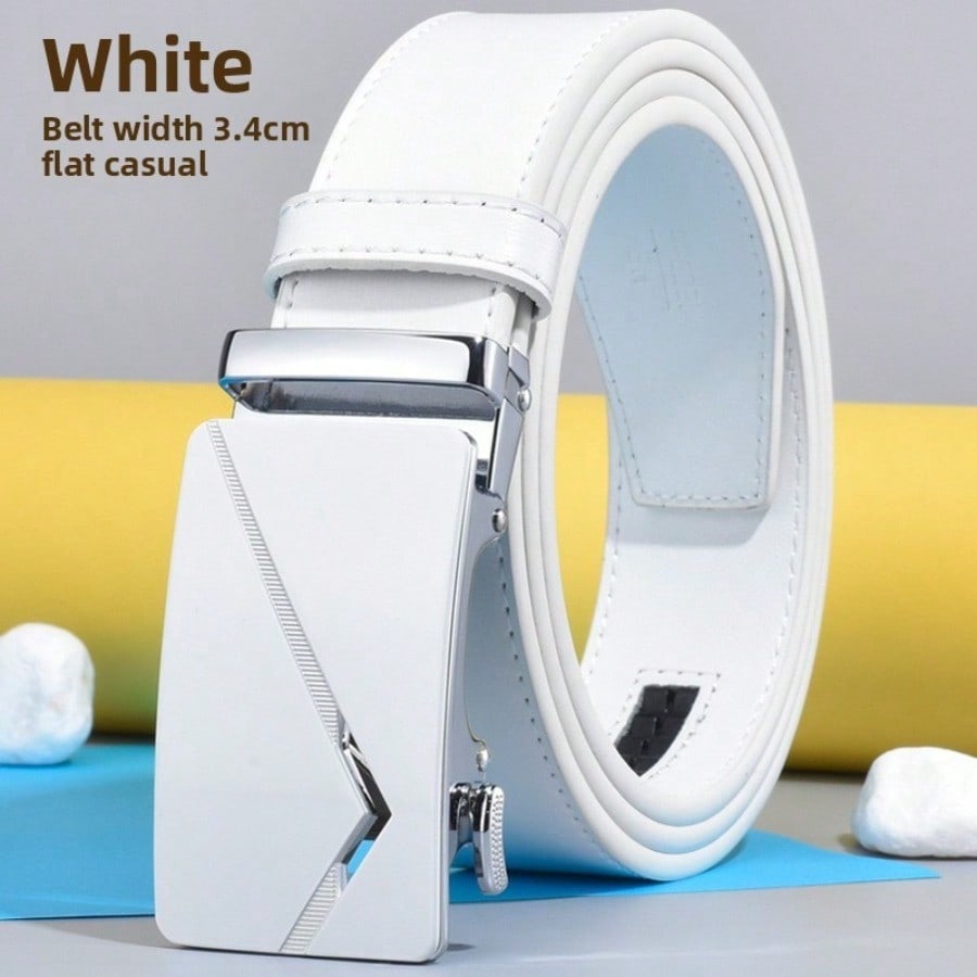 Ceinture Blanche Homme en Cuir Véritable Personnalisable à Boucle Automatique, Ceinture de Pantalon Simple et Polyvalente Pour Jeunes Hommes et Étudiants 3.4*110cm gray