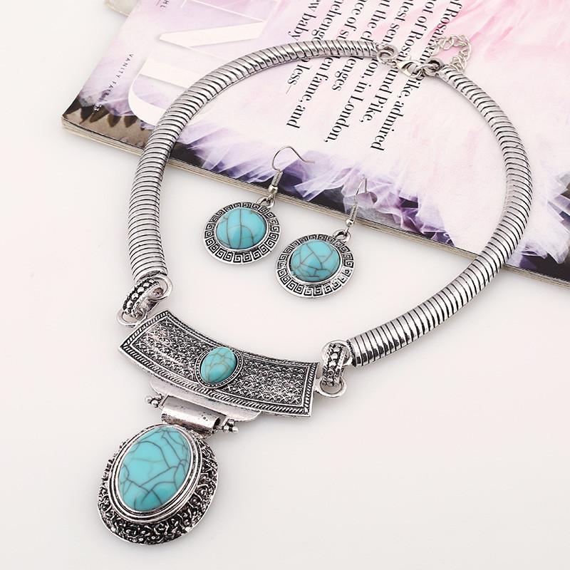 Etnisk Stil Simulering Ädelstensprydnad Dam Halsband och Örhänge Set För Män och Kvinnor