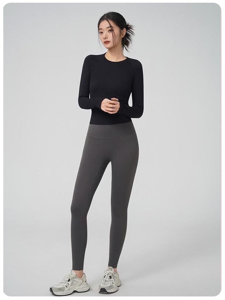 Women's Seamless Slimming Round Neck Long Sleeve Yoga Top - Breathable, Waist-Cinching Fitness Wear for Autumn and Winter