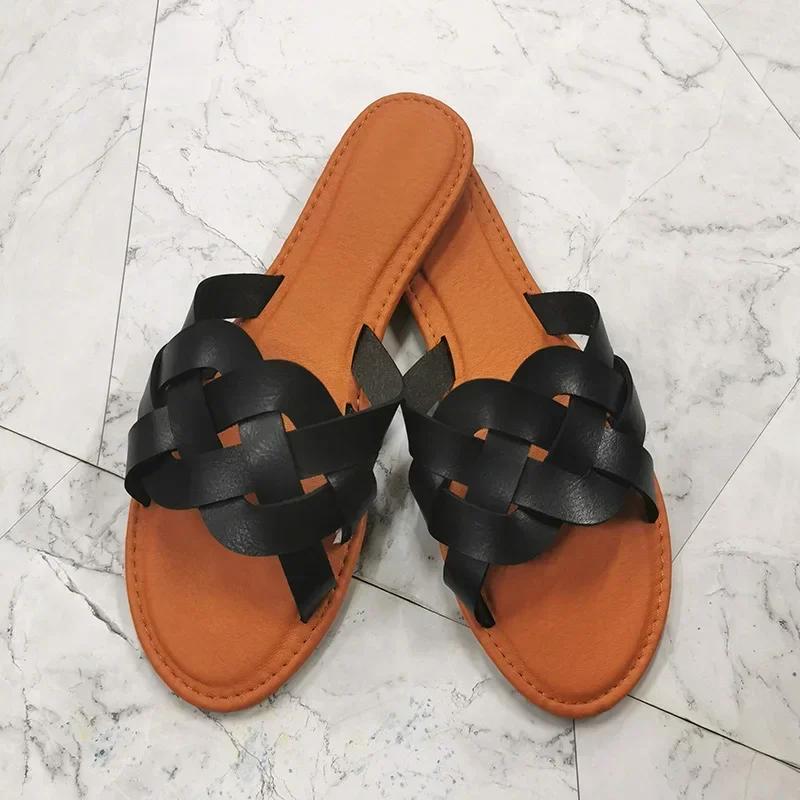 Fashion Women Leather Summer Sandals Shoes Retro Design Thin Straps Open Toe Beach Slides Flat with Plus Size 41 Female Footwear