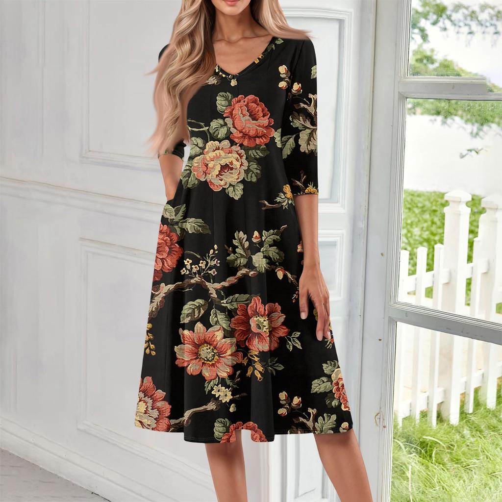 Women's Casual Fashion V Neck Three Quarter Sleeve Print Midi Dress