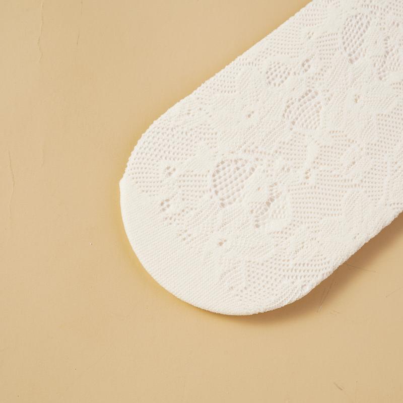 3 Pairs Lace Trim White Thick Summer Thin Socks Women's Breathable Mesh Hollow out Wood Grain Edge Mid-Calf Socks