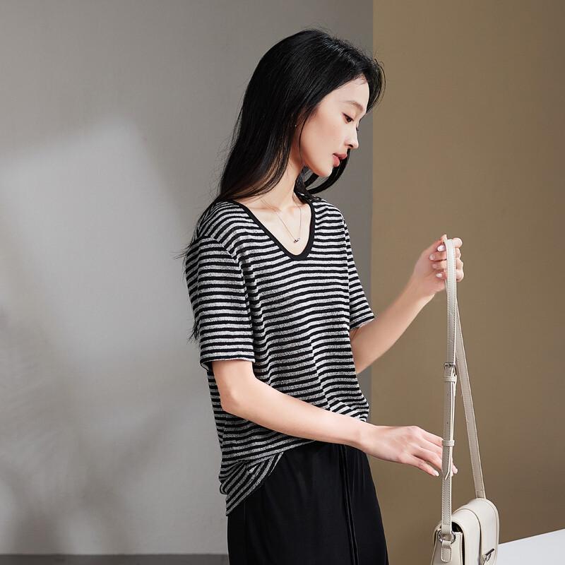 SOFSIL 2026 Summer Stripe V-Neck T-Shirt for Women S