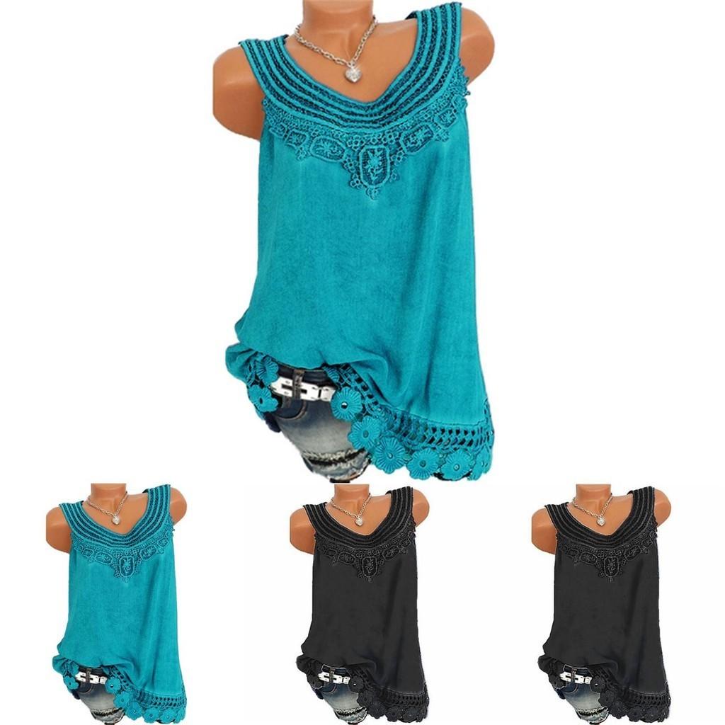 Women's Loose Sleeveless Vest T-shirt Blouse With Elegant Boho Lace Design In Plus Sizes