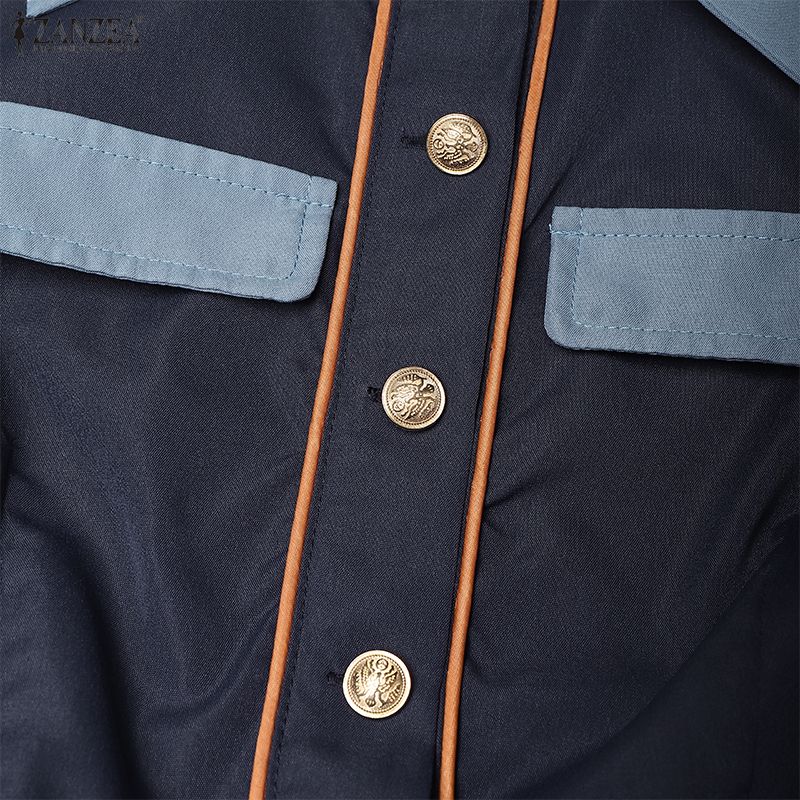 ZANZEA Vestido feminino casual gola virada para baixo solto manga comprida