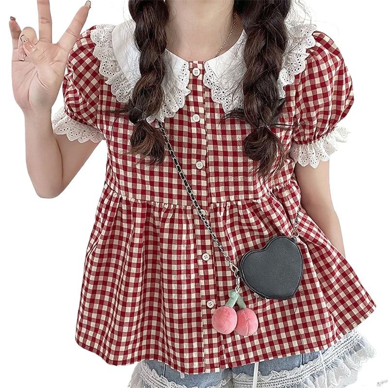 Checkered Doll Collar Lace Women's Shirts Bubble Short Sleeved Single Breasted Shirt Summer Student Versatile Loose Tops