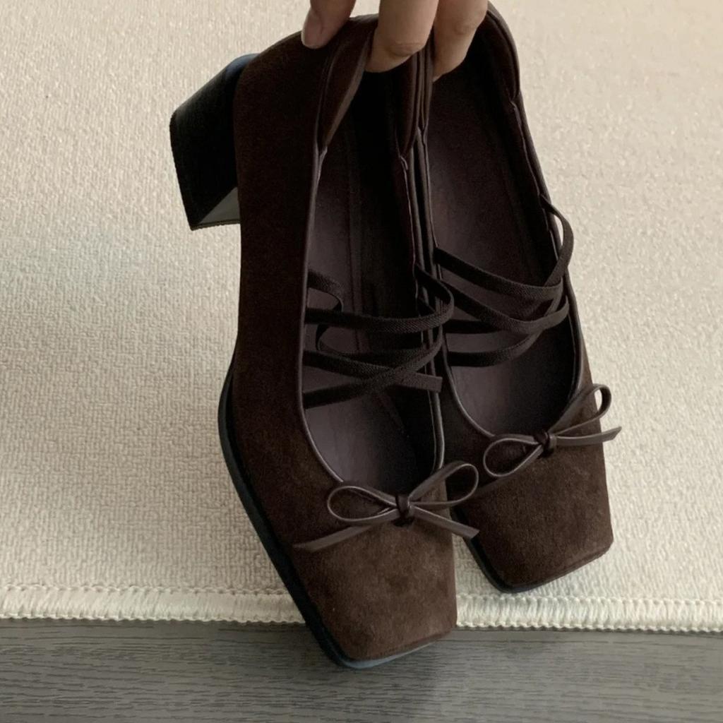 Bow Ballet Single Shoes Autumn and Winter 2025 New Brown Retro Square Head Thick Heel Mary Jane Shoes Women's Shallow Mouth