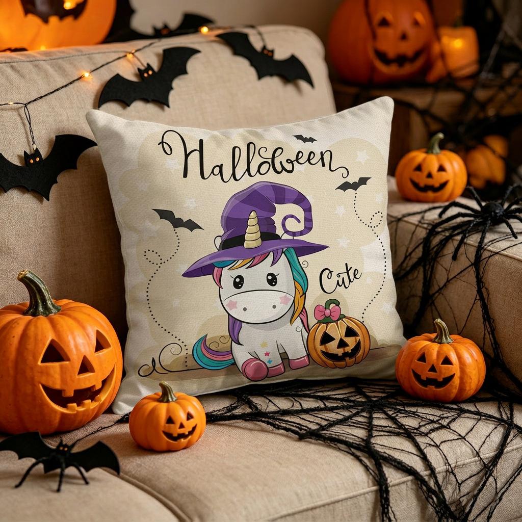 Halloween Linen Throw Pillow Cover Pumpkin Ghost Print Couch Cushion Case Holiday Decoration 18x18 Inch