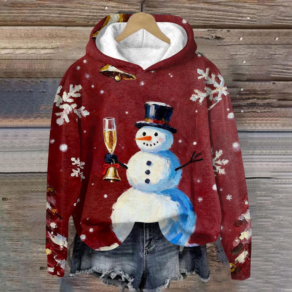 Women's Fashion Long Sleeve Christmas Print Loose Hooded Sweatshirt Top