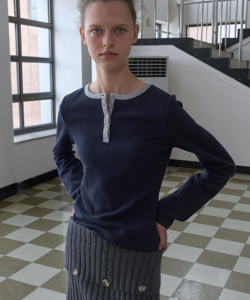 KIJUN Henley Neck Long Sleeve Tee_Navy