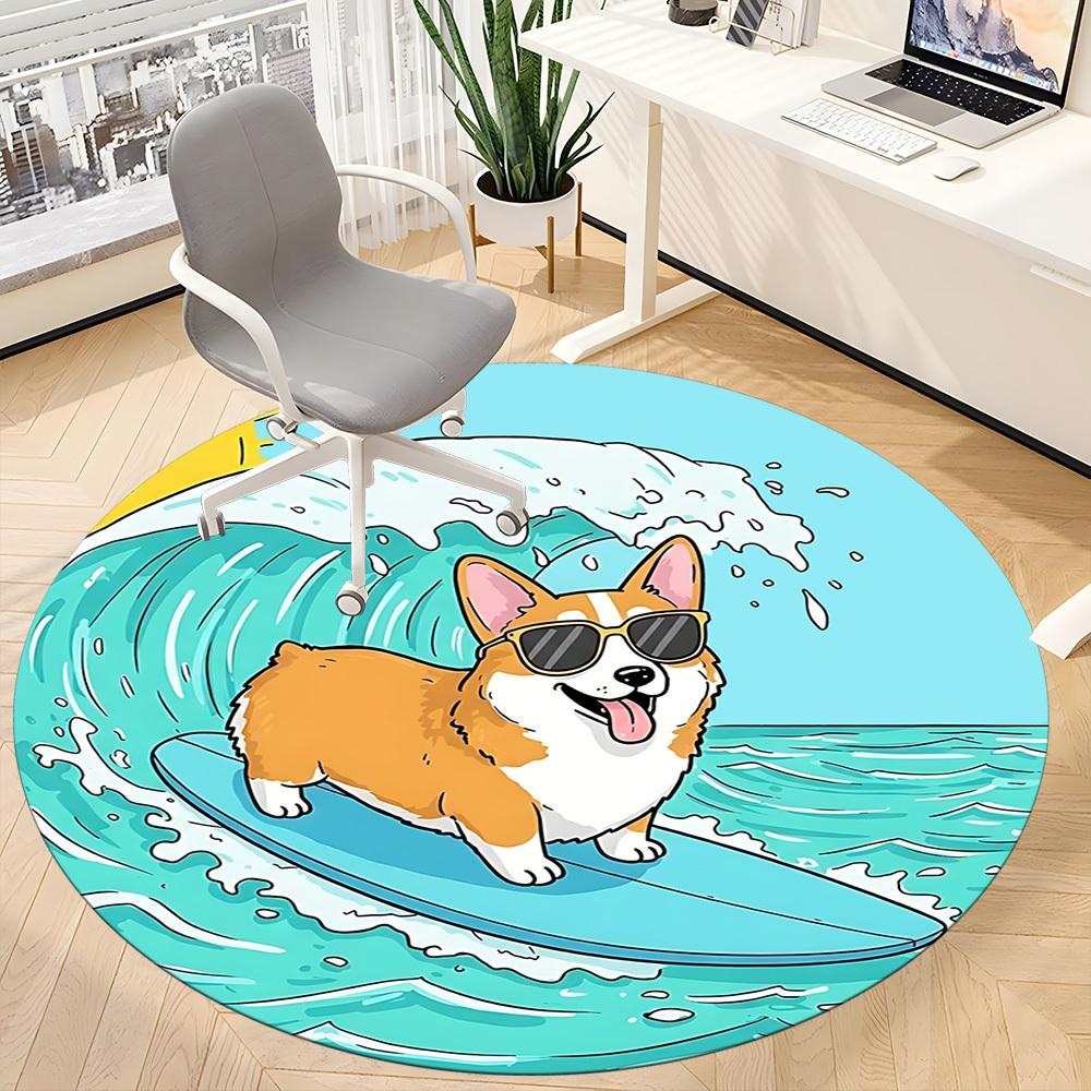 1PC Surfing Corgi Office Round Area Rug, Indoor Mat Suitable ForOffice, Under Office Chairs Bedroom Living Room Home Decor, Room Deco f008
