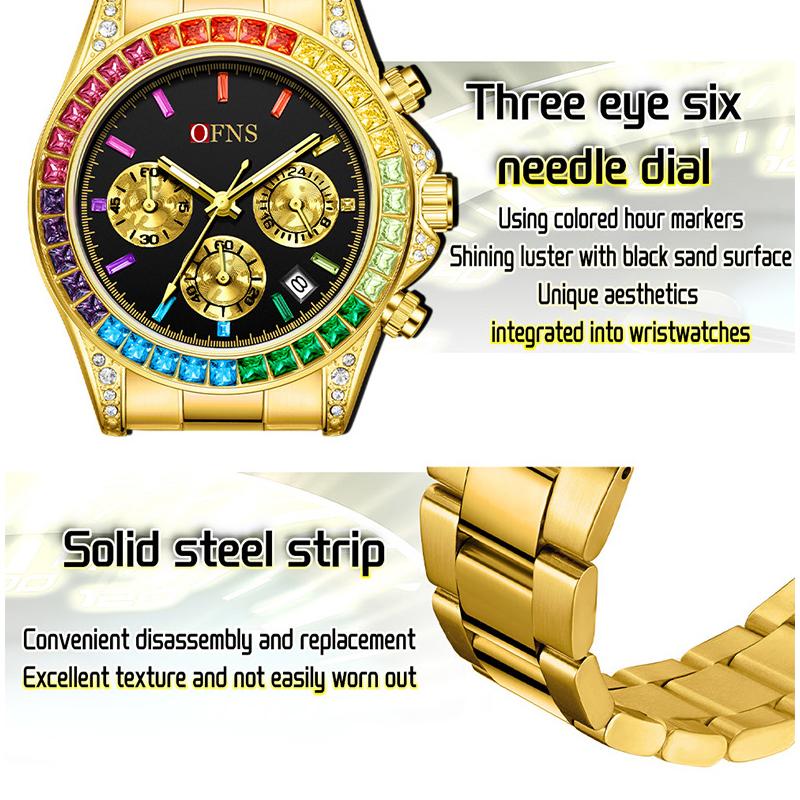 Quartz Luxury Mens Round Imitation Color Diamond Watches Movement Waterproof Men Wristwatches Week Display Male Clock