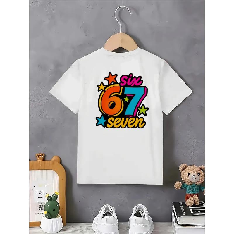 European sizes New Creative Minimalist Multicolor Letter Number 67 Pattern Print T-Shirt Baby And Children'S Fashion Individual Novel Pattern T-Shirt