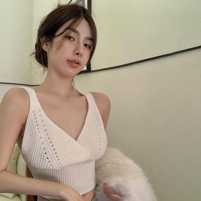 

Женская подтяжка Корейский жилет с V-образным вырезом Тонкий крой, однотонная верхняя одежда, короткая универсальная трикотажная женская майка