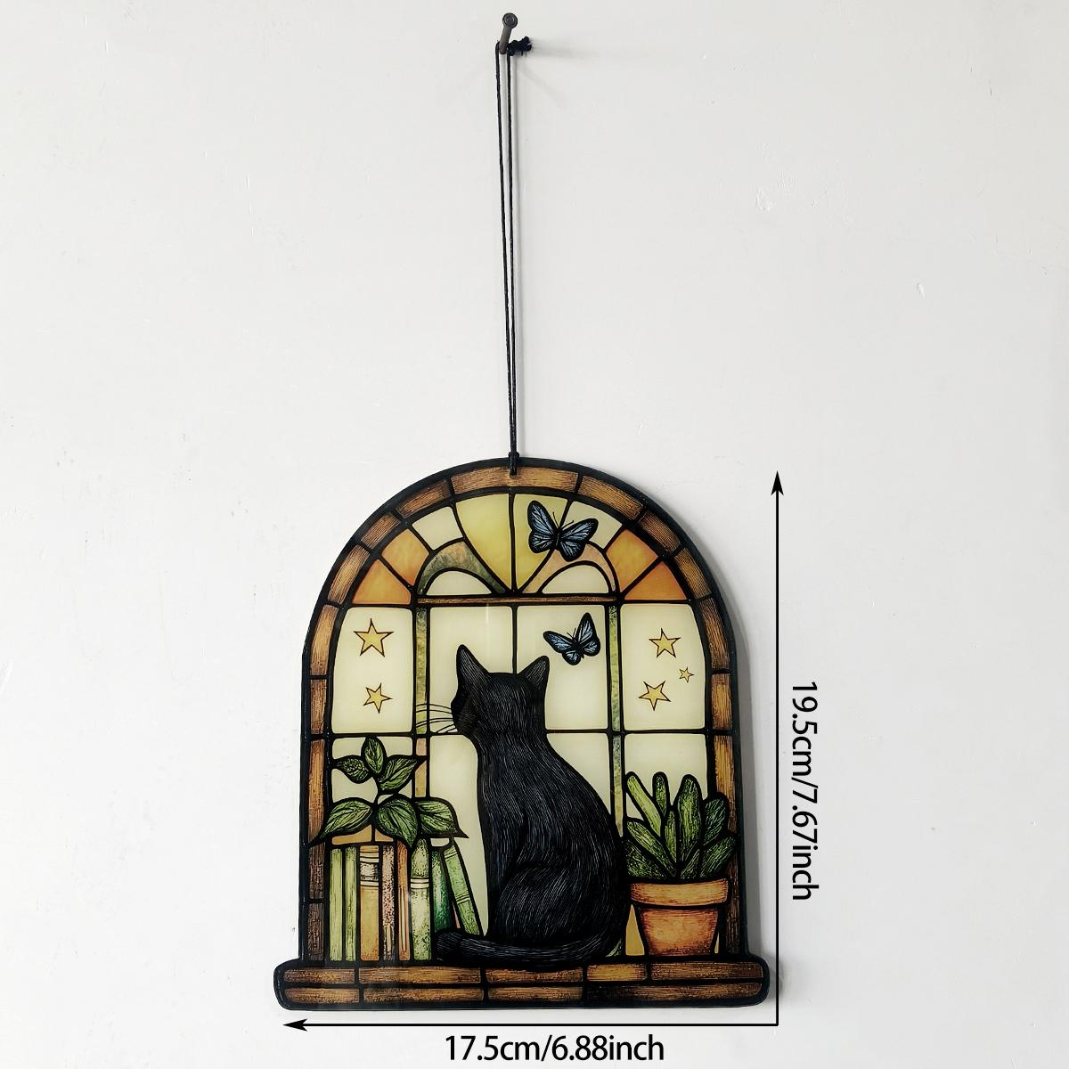 

Acrylic Black Cat Window Hanging Decor, Arch Window with Butterfly/Stars/Books/Plants Design, Art Wall Ornaments for Home&Garden