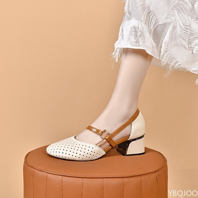 2026 Genuine leather sandals Summer women's high heels Top layer cowhide Trend shoes Fashion ladies hollow Buckle sandals Mujer