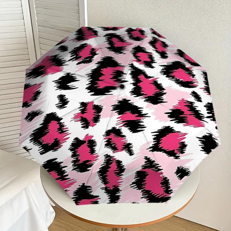 1PC Leopard Print Pink Umbrella-8-Rib Reinforced, Automatic Open, Lightweight & Durable, Cute Fashion Accessory for Outdoor-A1310