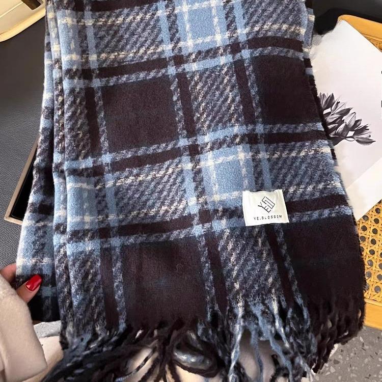 Haze Blue Checkered Scarf Korean Style High End Versatile Student Long Style Couple Warm Shawl and Scarf