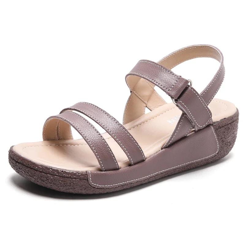 Summer Thick Bottom Genuine Leather Sandalias Ladies Soft Non-Slip Wedges Shoes Fashion Lightweight Wedge Heels Sandals Women
